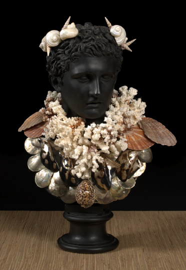 Appraisal: Large Coral- and Seashell-Encrusted Basalt Composition Bust of Augustus Caesar