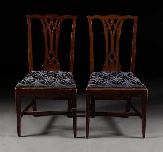 Appraisal: Pair of Chippendale style carved mahogany upholstered side chairs with