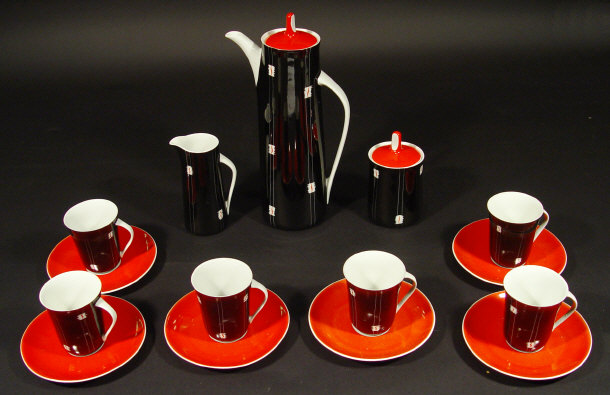 Appraisal: s Polish china coffee service hand painted with black and