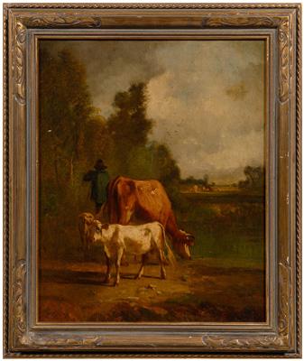 Appraisal: th century pastoral painting herdsman with cow sheep signed lower