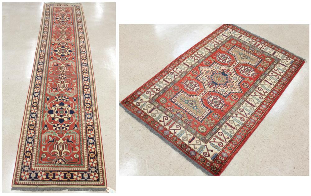 Appraisal: TWO HAND KNOTTED ORIENTAL AREA RUGS Pakistani-Caucasian geometric design on