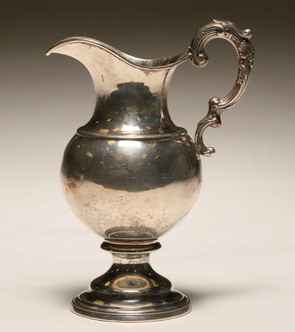 Appraisal: Kinsey Ohio coin silver pitcher with scrolling foliate handle Cincinnati