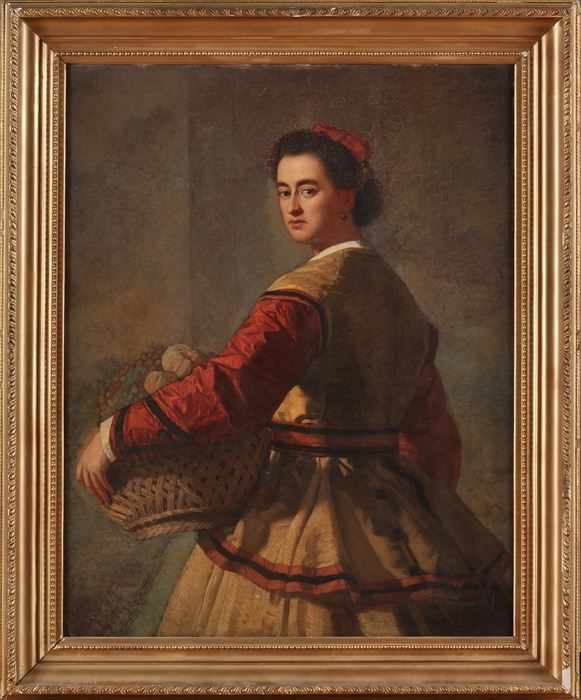 Appraisal: EUROPEAN SCHOOL LADY WITH A FRUIT BASKET Oil on cradled