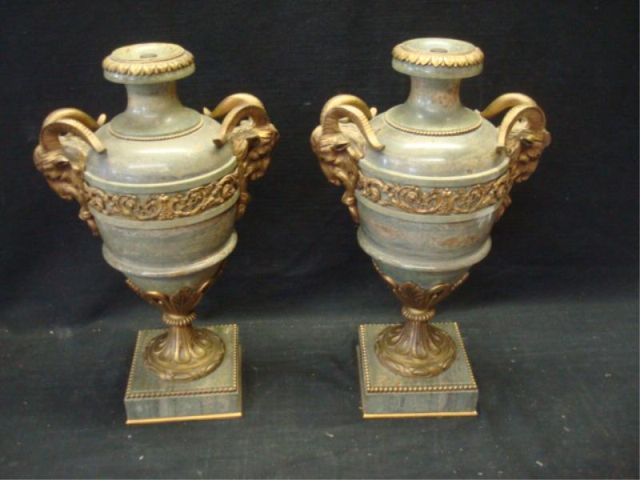 Appraisal: Pair of Bronze Mounted Marble Urns with Rams' heads Great