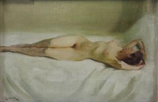 Appraisal: LINDER Carl Bennett Oil on Board Reclining Nude Signed lower