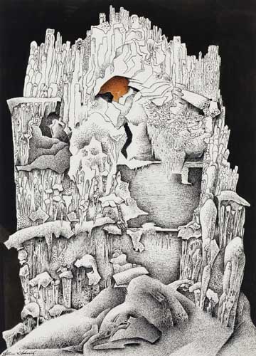 Appraisal: WILLIAM SCHWARTZ Surrealist Landscape Pen and ink and watercolor on