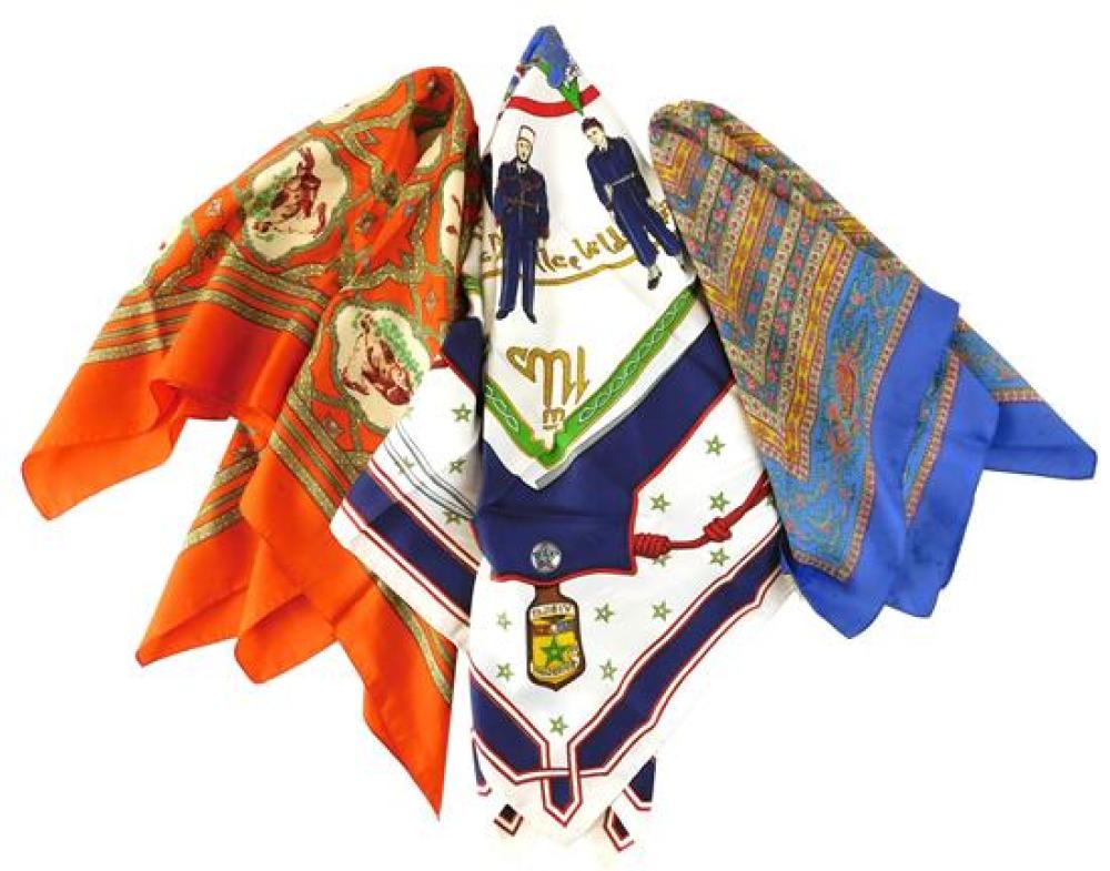 Appraisal: Hermes and Liberty scarves three including one Hermes depicts uniforms