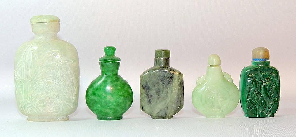 Appraisal: Five Hardstone Snuff Bottles Five hardstone snuff bottles including malachite