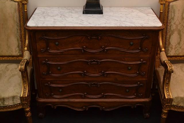 Appraisal: FRENCH PROVINCIAL STYLE THREE DRAWER COMMODE WITH A MARBLE INSET