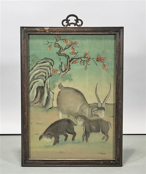 Appraisal: Chinese reverse glass painting of animals by a tree with