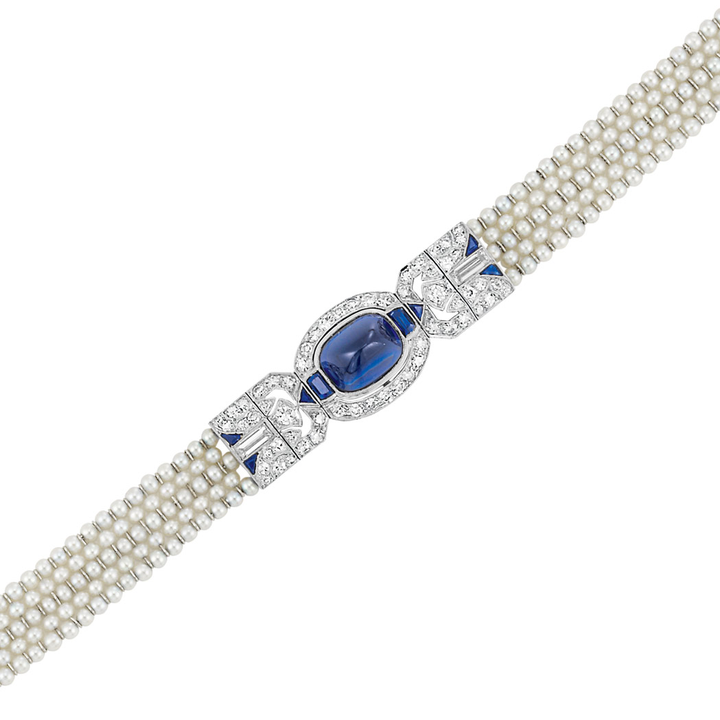 Appraisal: Edwardian Platinum Cabochon Sapphire Sapphire Diamond and Seed Pearl Mesh