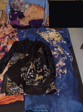 Appraisal: Long blue embroidered Japanese kimono two Japanese printed kimonos and