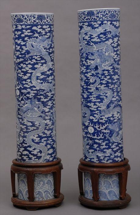 Appraisal: PAIR OF CHINESE BLUE AND WHITE TALL CYLINDRICAL VASES Each