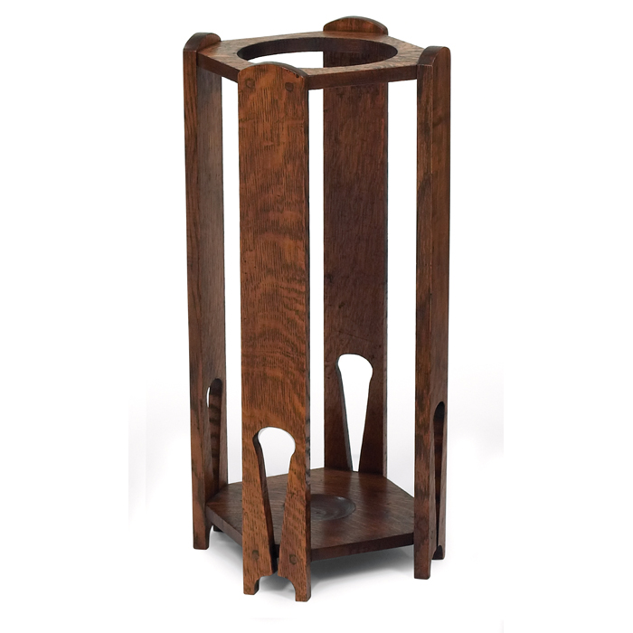 Appraisal: Arts and Crafts umbrella stand slattedsides with cut-outs at base