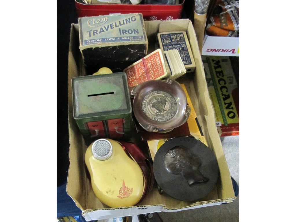 Appraisal: Box of miscellania - travel iron playing cards tinplate bank