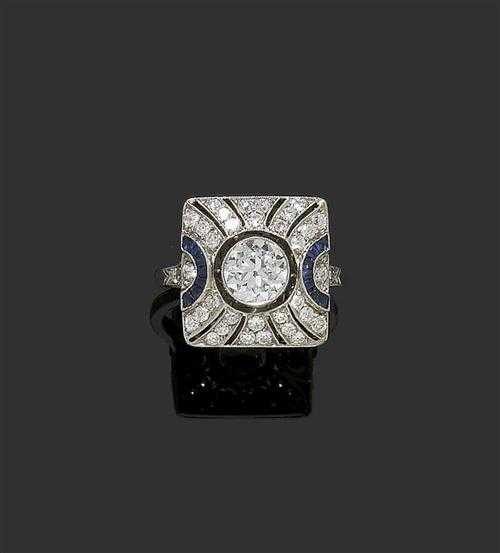 Appraisal: DIAMOND AND SAPPHIRE RING ca Platinum Elegant Art-D co ring