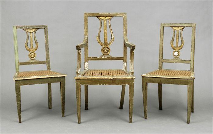 Appraisal: Three Italian Neoclassical Painted Cane-Seat Chairs Comprising an armchair and