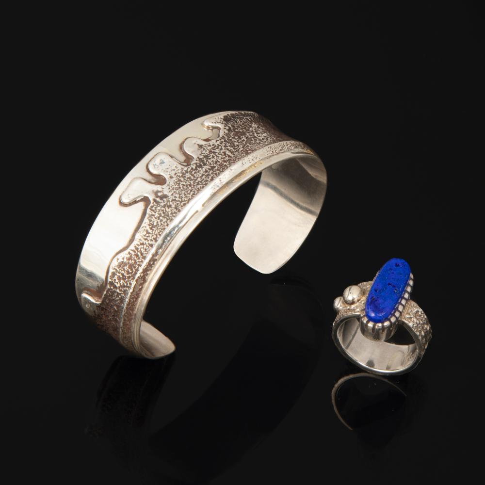 Appraisal: Charles Loloma Hopi - Silver Cuff with Tufa Overlay Lapis