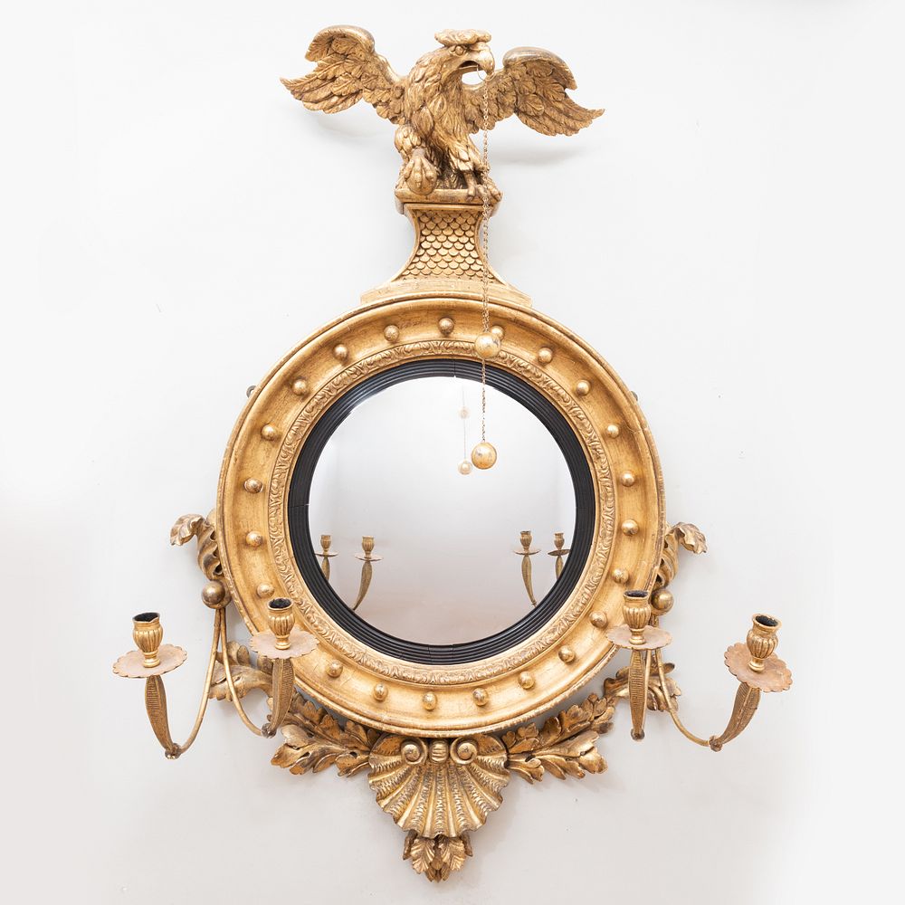 Appraisal: Fine and Large Regency Giltwood Convex Girandole Mirror Irish Fitted