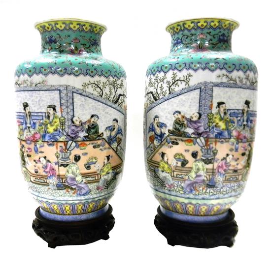 Appraisal: Pair Chinese Famille Verte rouleau vases on th C carved