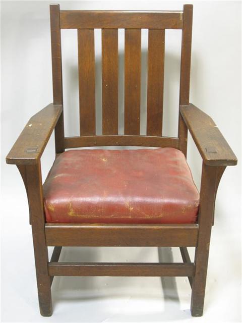 Appraisal: STICKLEY FURNITURE OAK ARM CHAIR Circular label on front leg