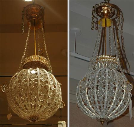 Appraisal: Pair of Floral Decorated Beaded Three-Light Hanging Lamps Estimate nbsp