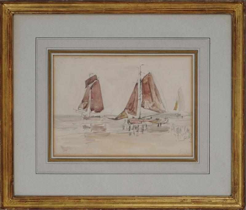 Appraisal: EUGENE BOUDIN - BOATS WITH RED SAILS Watercolor and pencil