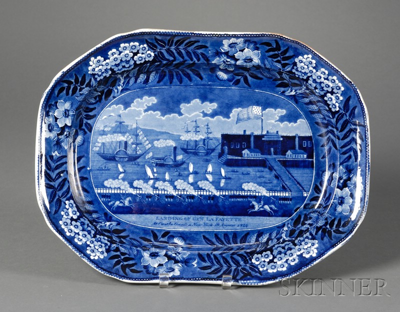 Appraisal: Blue and White Transfer-decorated Staffordshire Platter Landing of LaFayette James