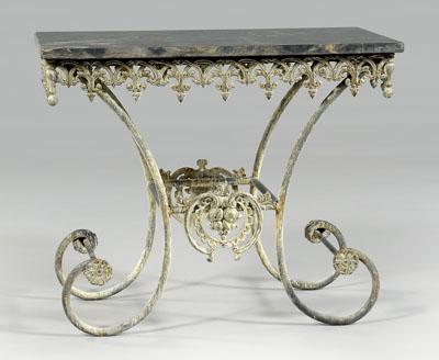 Appraisal: French Gothic style pastry table thick variegated granite top over