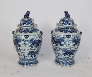 Appraisal: Pair of Chinese blue white porcelain urns A pair of