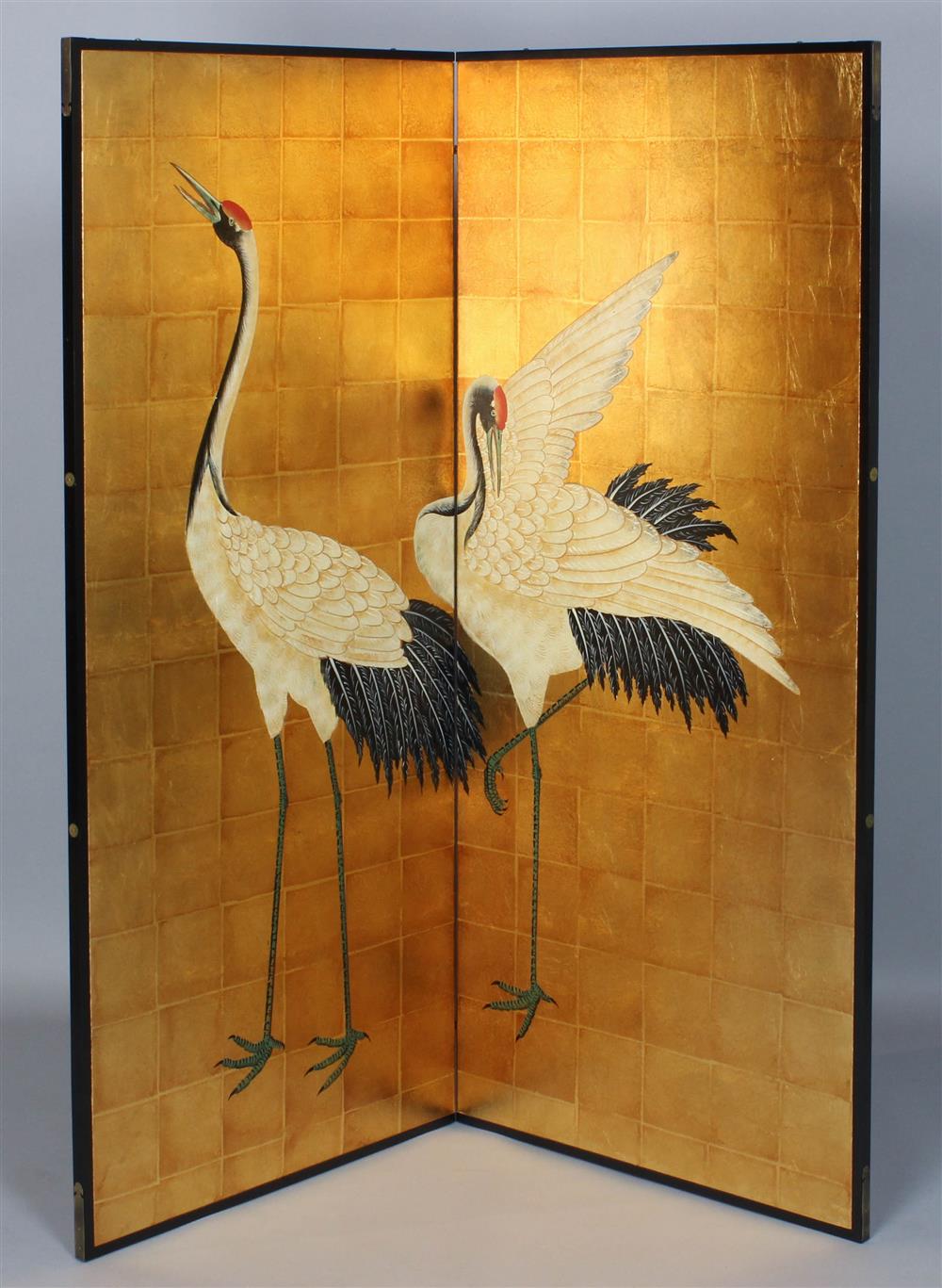 Appraisal: JAPANESE TWO-PANEL FLOOR SCREEN decorated with a pair of cranes