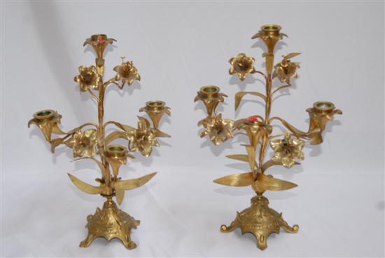 Appraisal: PAIR CANDLEABRA GARNITURER th C French Dore Bronze lily form