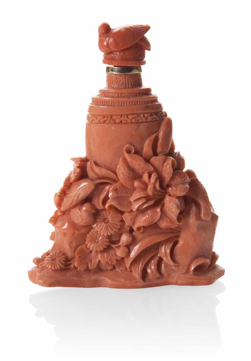 Appraisal: YCORAL TABLE SNUFF BOTTLE carved as a vase amongst a