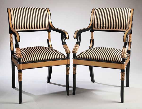 Appraisal: A Pair of Regency-Style Paint-Decorated Armchairs black with gilt accents