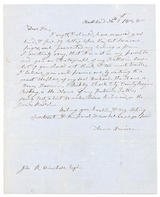 Appraisal: HARRISON Anna Tuthill Symmes First Lady Autograph letter signed Anna