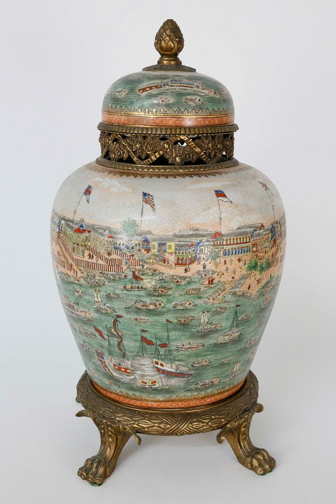 Appraisal: Hong's Canton Decorated Crackle Glazed and Bronze Covered Temple Jar