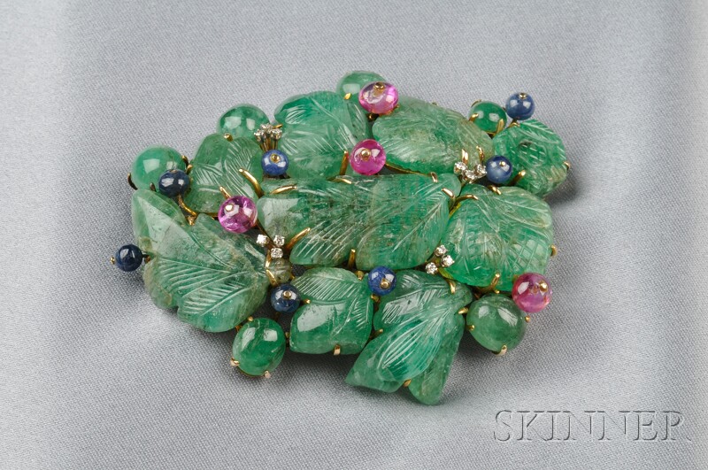 Appraisal: kt Gold Carved Emerald and Gem-set Brooch set with nine