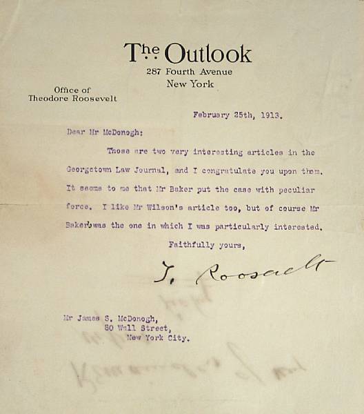 Appraisal: Americana Typed Letter Signed T Roosevelt with single holograph correction