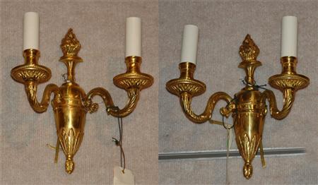 Appraisal: Pair of French Brass Two-Light Urn-Form Sconces Estimate -