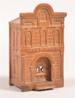 Appraisal: Cast Iron City Bank with Teller Still Bank By H