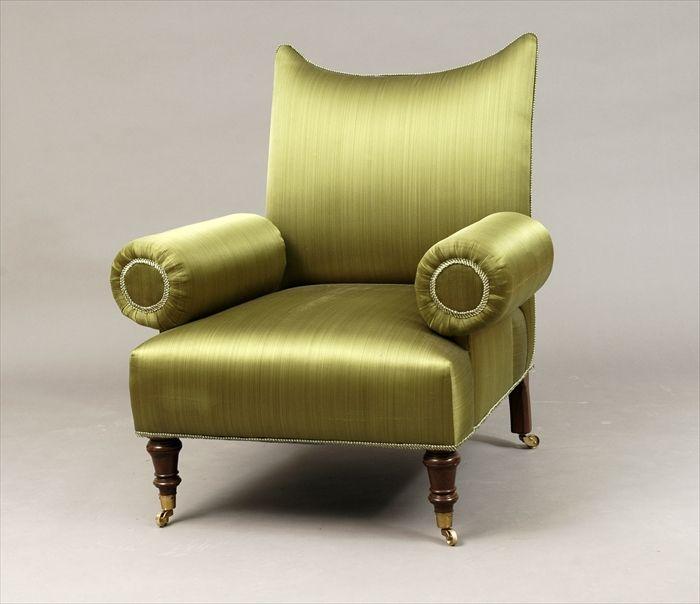 Appraisal: Victorian-Style Mahogany Satin-Upholstered Easy Chair Michael S Smith x in