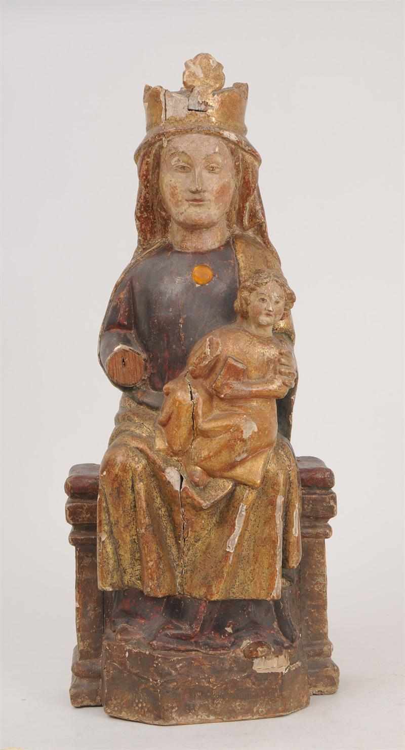 Appraisal: MEDIEVAL CARVED POLYCHROME FIGURE GROUP OF THE MADONNA AND CHILD