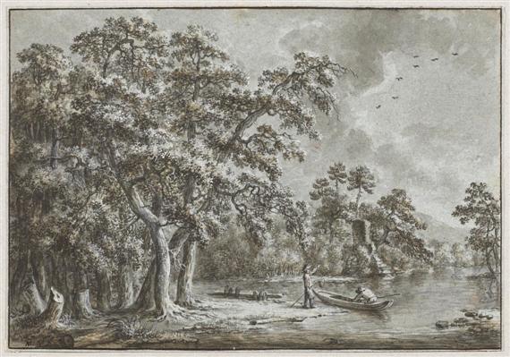 Appraisal: DUTCH SCHOOL TH CENTURY River landscape with woodland and fishing