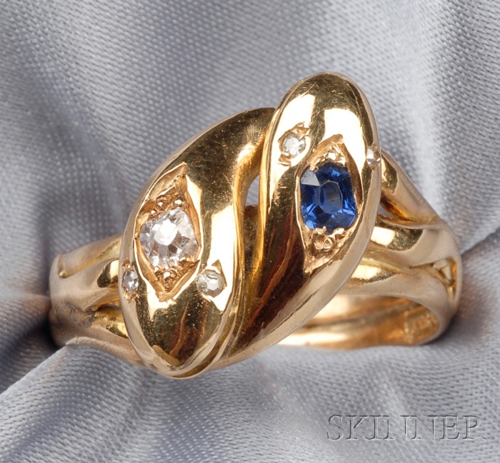 Appraisal: kt Gold Sapphire and Diamond Snake Ring England designed as