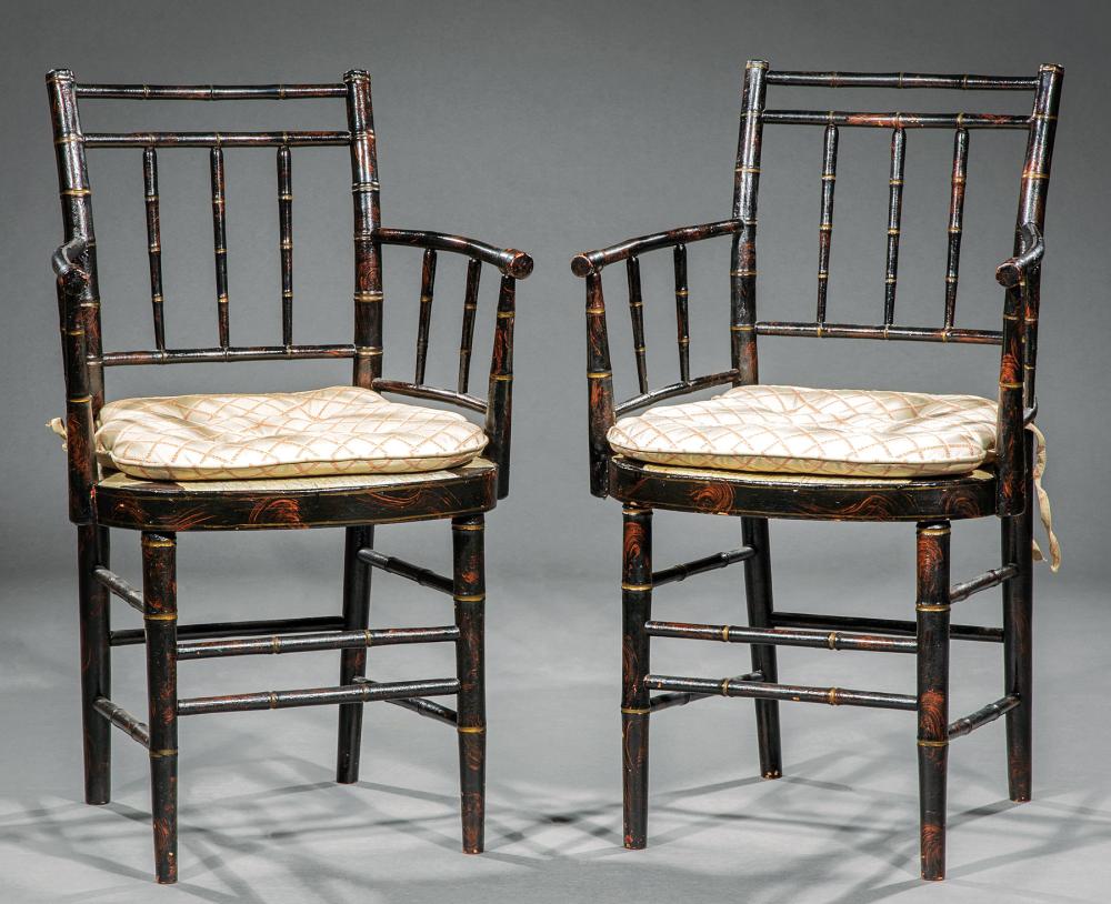 Appraisal: Pair of Antique Faux Bamboo Armchairs th c spindled back