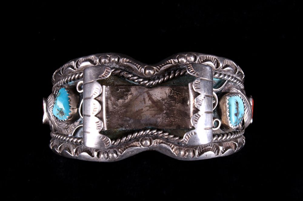 Appraisal: Navajo Sterling Silver Turquoise Coral Watchband Offered in this lot