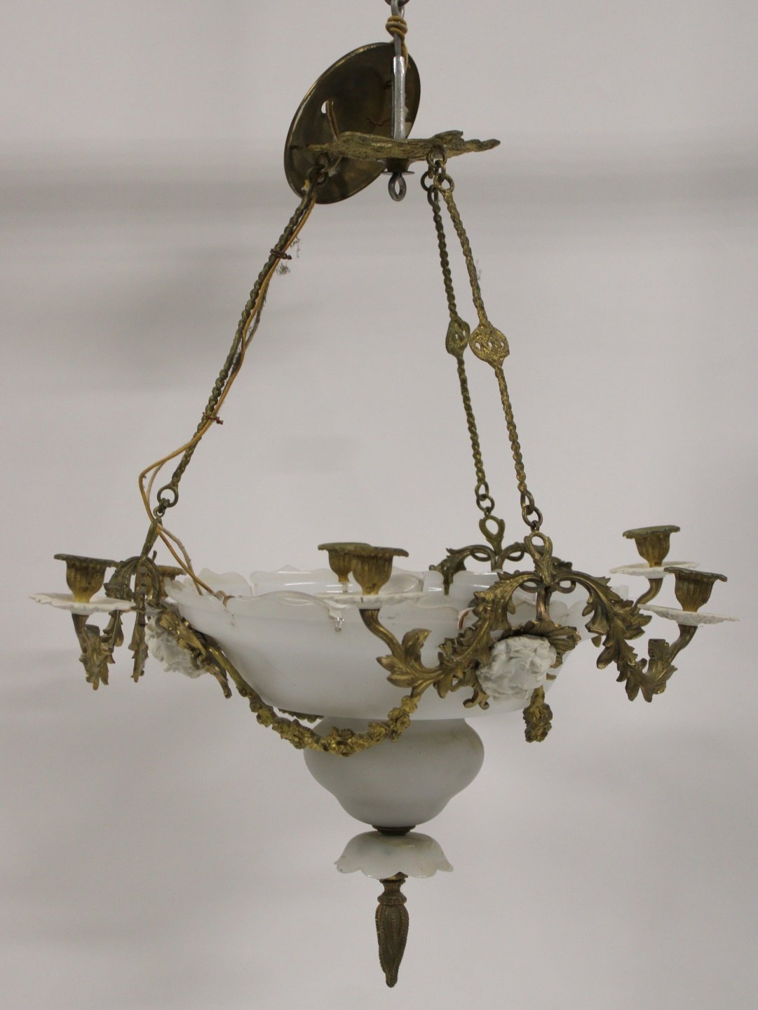 Appraisal: Beautiful Antique Bronze Mounted Milk Glass Chandelier With Porcelain Heads