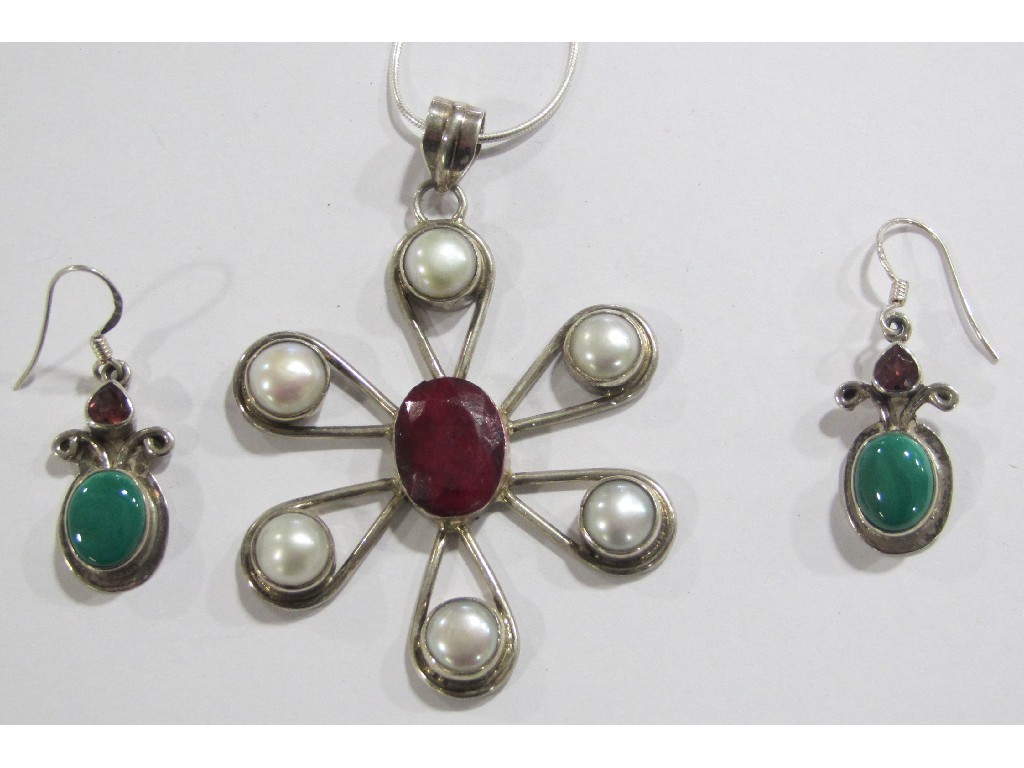 Appraisal: Silver ruby and cultured pearl set star shaped pendant with