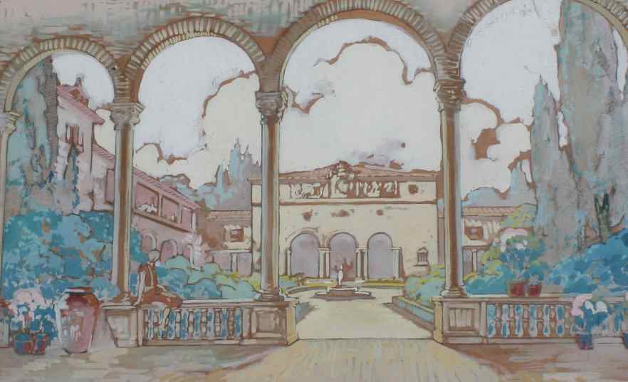 Appraisal: COURTYARD GOUACHE ILLUSTRATION Unsigned possibly a theatre set sight size