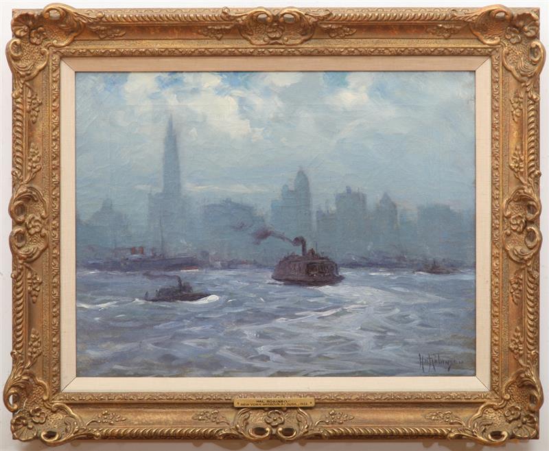 Appraisal: HAL ROBINSON - NEW YORK HARBOR AT DUSK Oil on